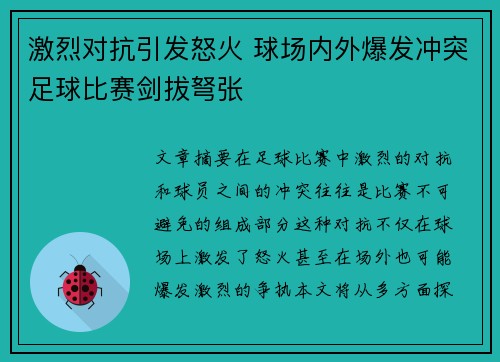 激烈对抗引发怒火 球场内外爆发冲突足球比赛剑拔弩张