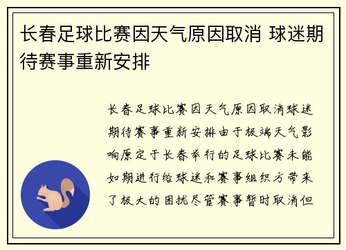 长春足球比赛因天气原因取消 球迷期待赛事重新安排