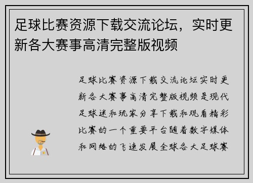 足球比赛资源下载交流论坛，实时更新各大赛事高清完整版视频