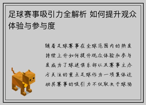 足球赛事吸引力全解析 如何提升观众体验与参与度