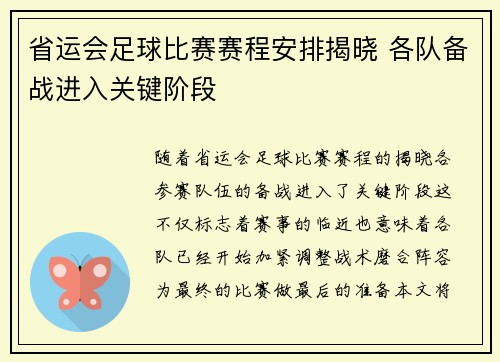 省运会足球比赛赛程安排揭晓 各队备战进入关键阶段