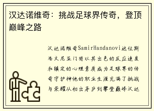汉达诺维奇：挑战足球界传奇，登顶巅峰之路