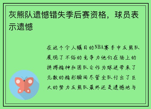灰熊队遗憾错失季后赛资格，球员表示遗憾