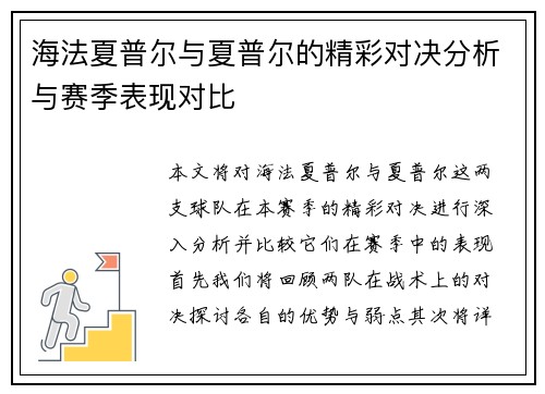 海法夏普尔与夏普尔的精彩对决分析与赛季表现对比