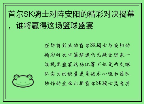 首尔SK骑士对阵安阳的精彩对决揭幕，谁将赢得这场篮球盛宴