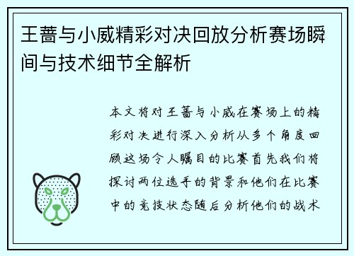 王蔷与小威精彩对决回放分析赛场瞬间与技术细节全解析