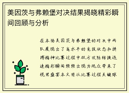 美因茨与弗赖堡对决结果揭晓精彩瞬间回顾与分析