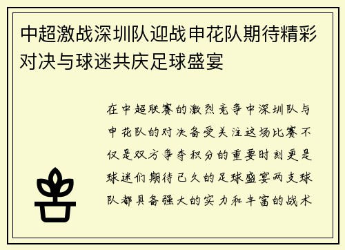 中超激战深圳队迎战申花队期待精彩对决与球迷共庆足球盛宴