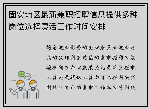 固安地区最新兼职招聘信息提供多种岗位选择灵活工作时间安排