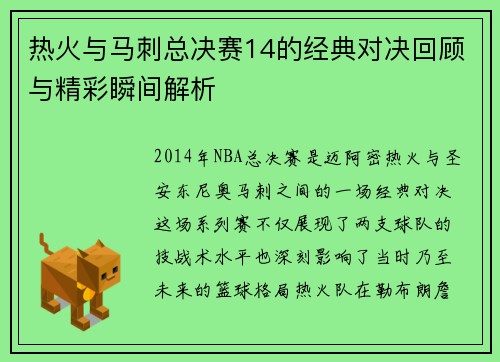 热火与马刺总决赛14的经典对决回顾与精彩瞬间解析