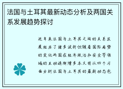 法国与土耳其最新动态分析及两国关系发展趋势探讨