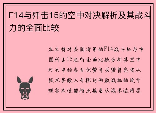 F14与歼击15的空中对决解析及其战斗力的全面比较