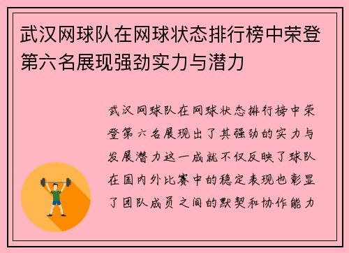 武汉网球队在网球状态排行榜中荣登第六名展现强劲实力与潜力