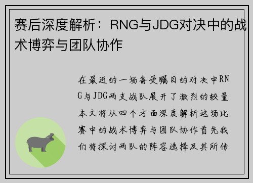 赛后深度解析：RNG与JDG对决中的战术博弈与团队协作