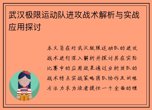 武汉极限运动队进攻战术解析与实战应用探讨